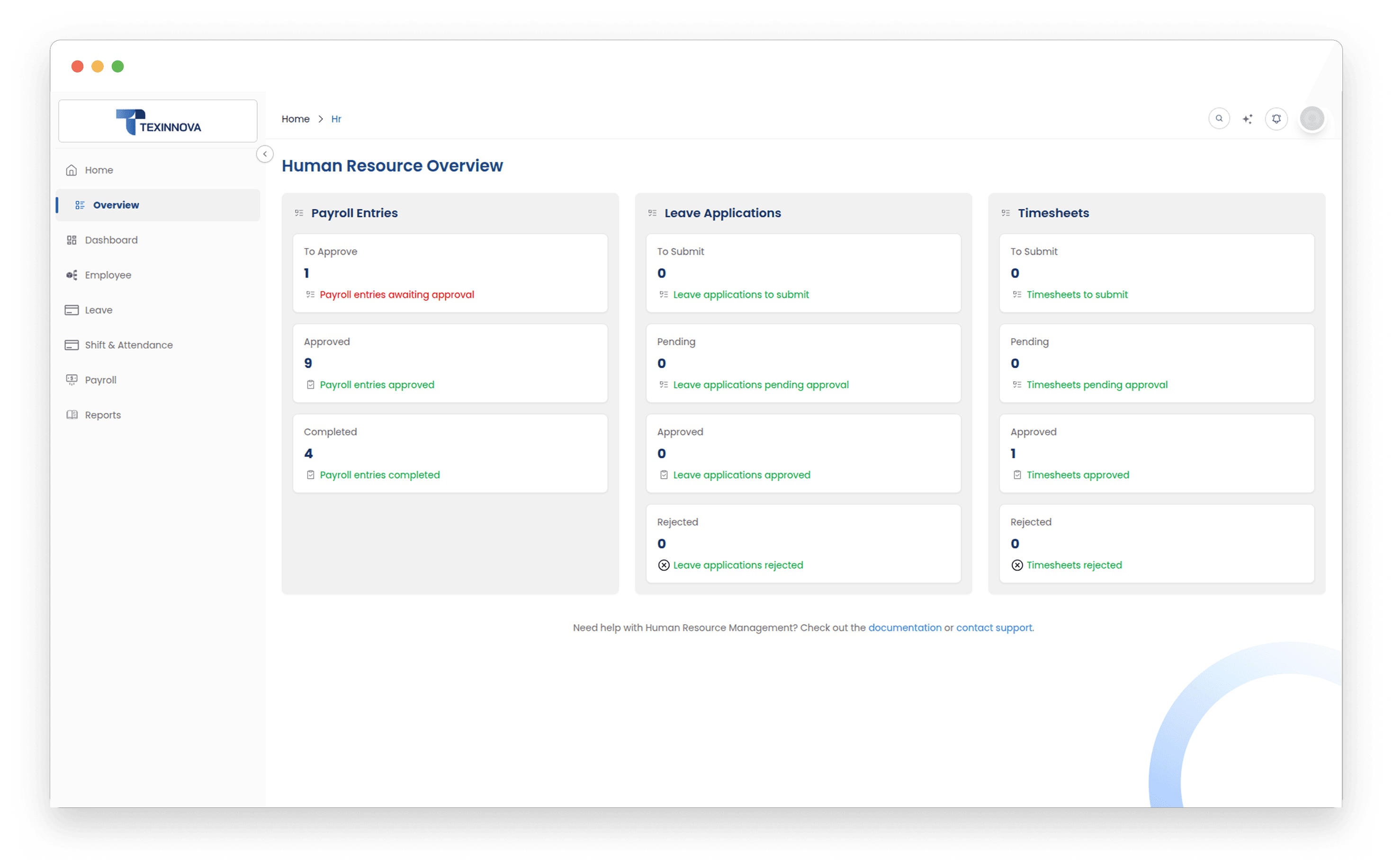 HR management dashboard showing employee overview