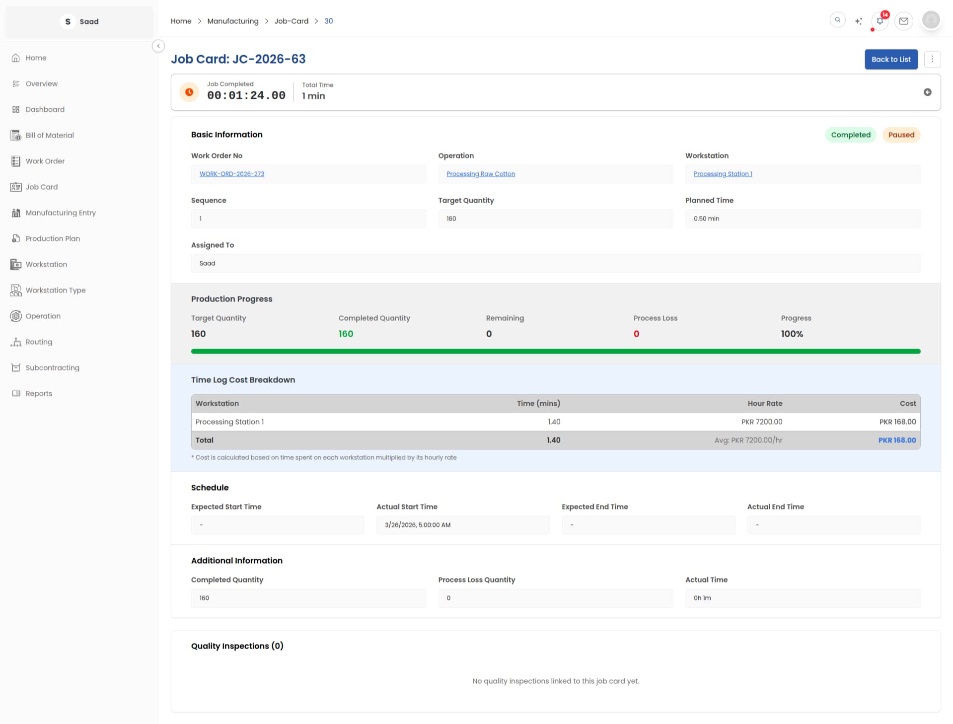 Actual time and real production costs