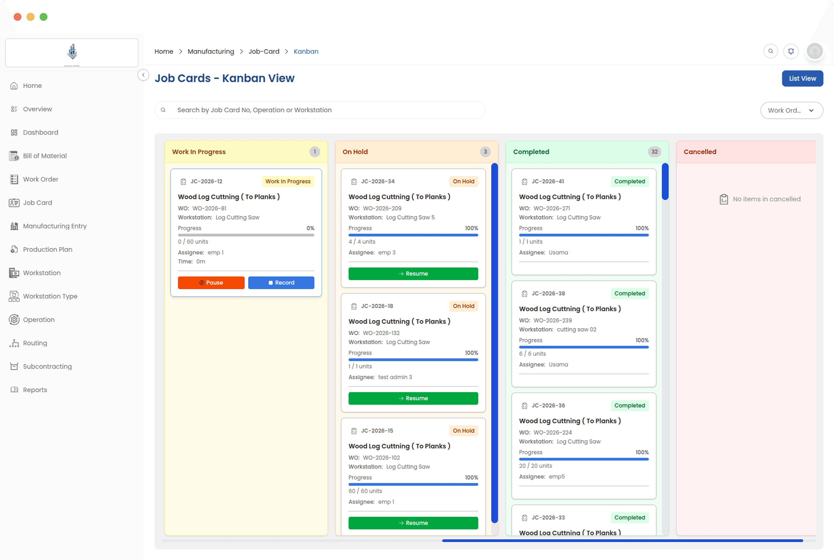 Kanban board for shop floor execution