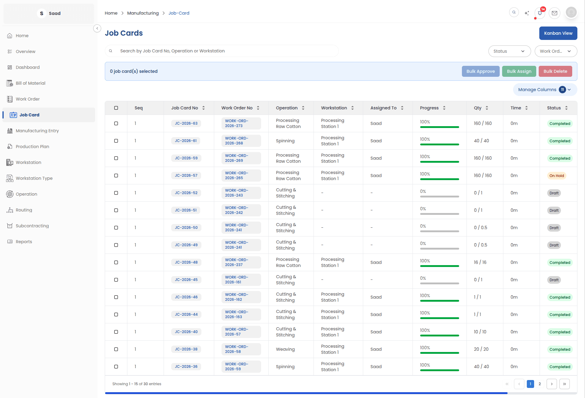 Job Card list view showing production tasks and status
