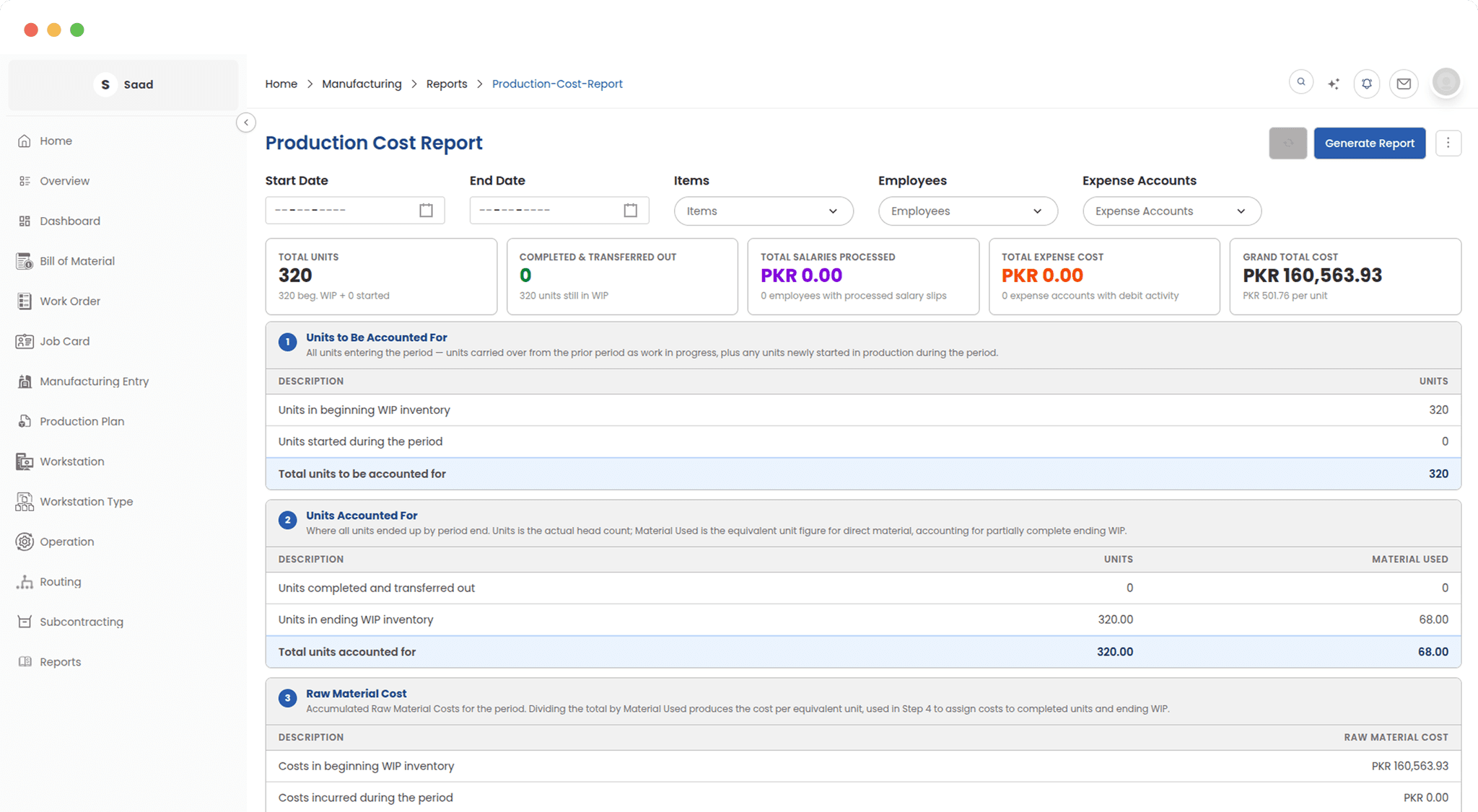 Manufacturing Reports - Production Cost Report overview