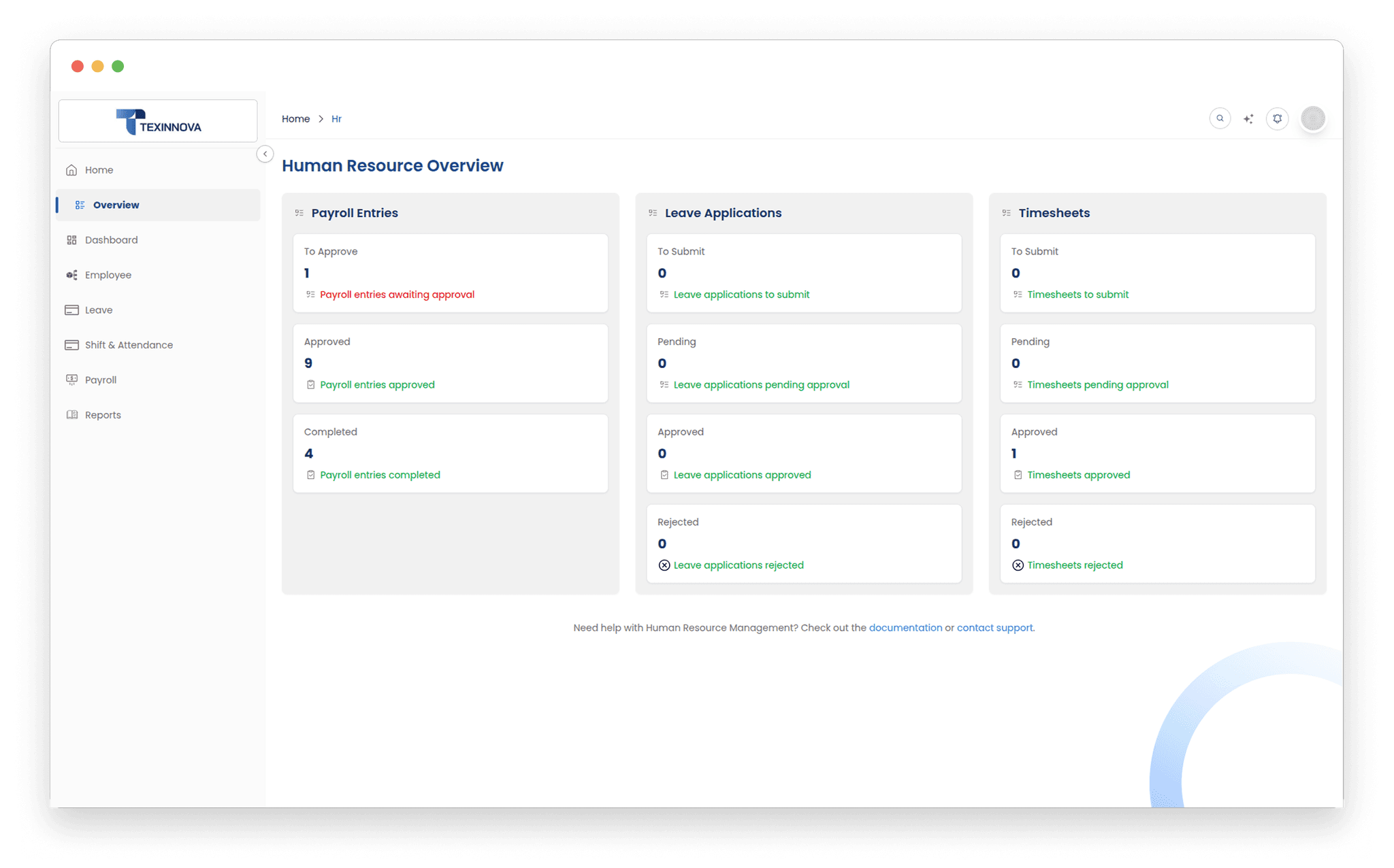 HR management dashboard showing employee overview