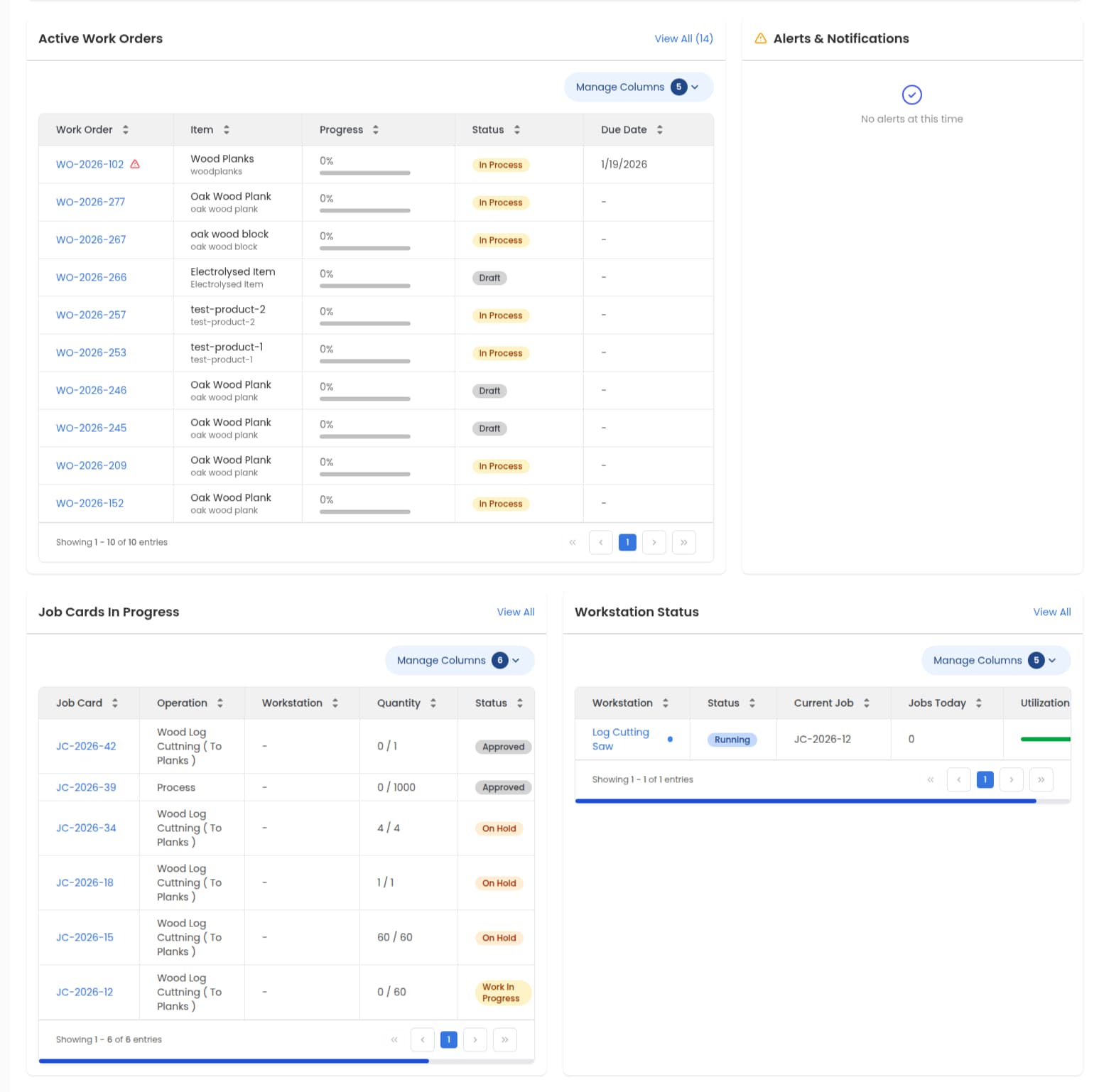 ERPX manufacturing dashboard with live work order and workstation data