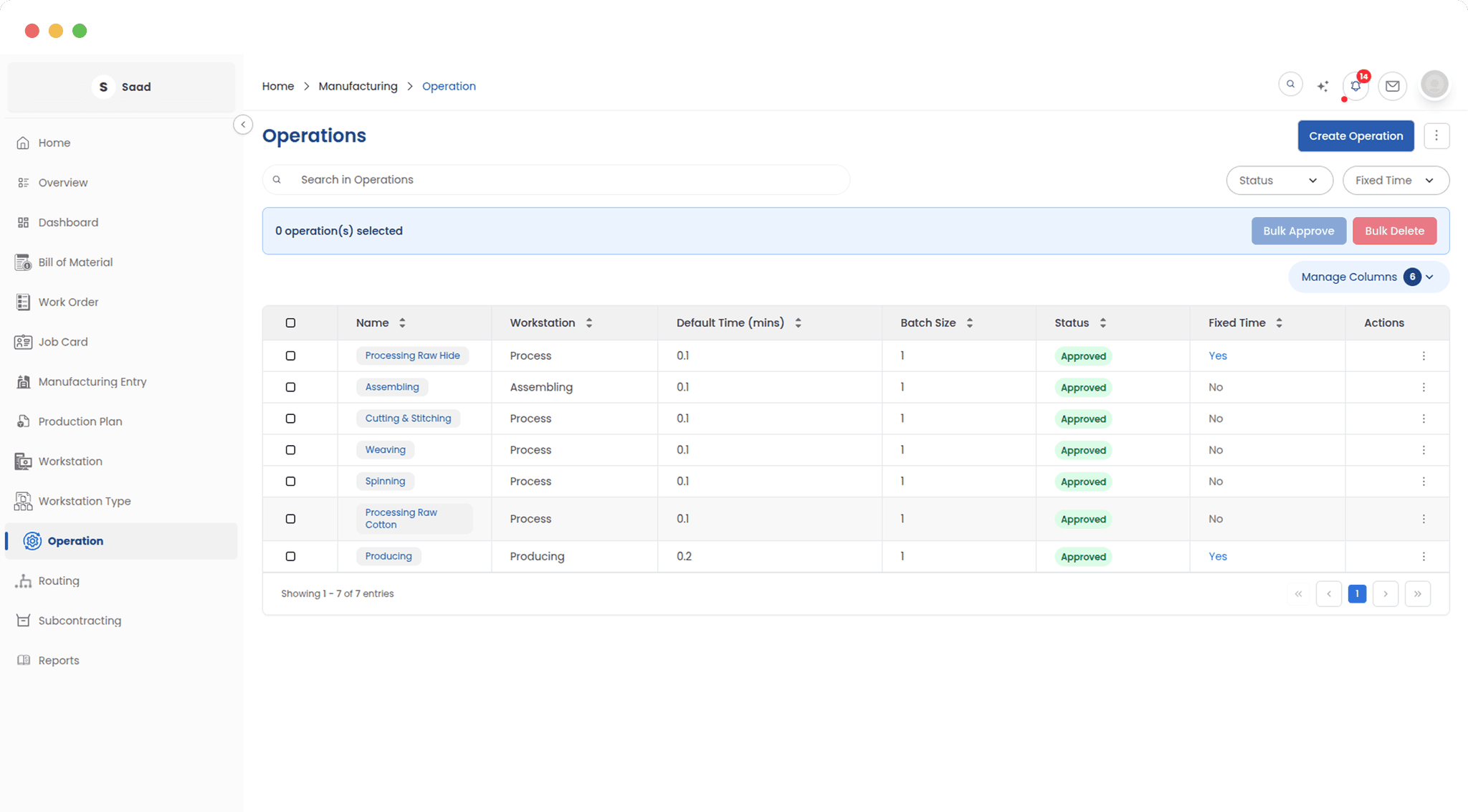 Manufacturing setup showing operations list view